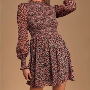 Lulu’s Forever Green & Pink Floral Print Smocked Skater Dress